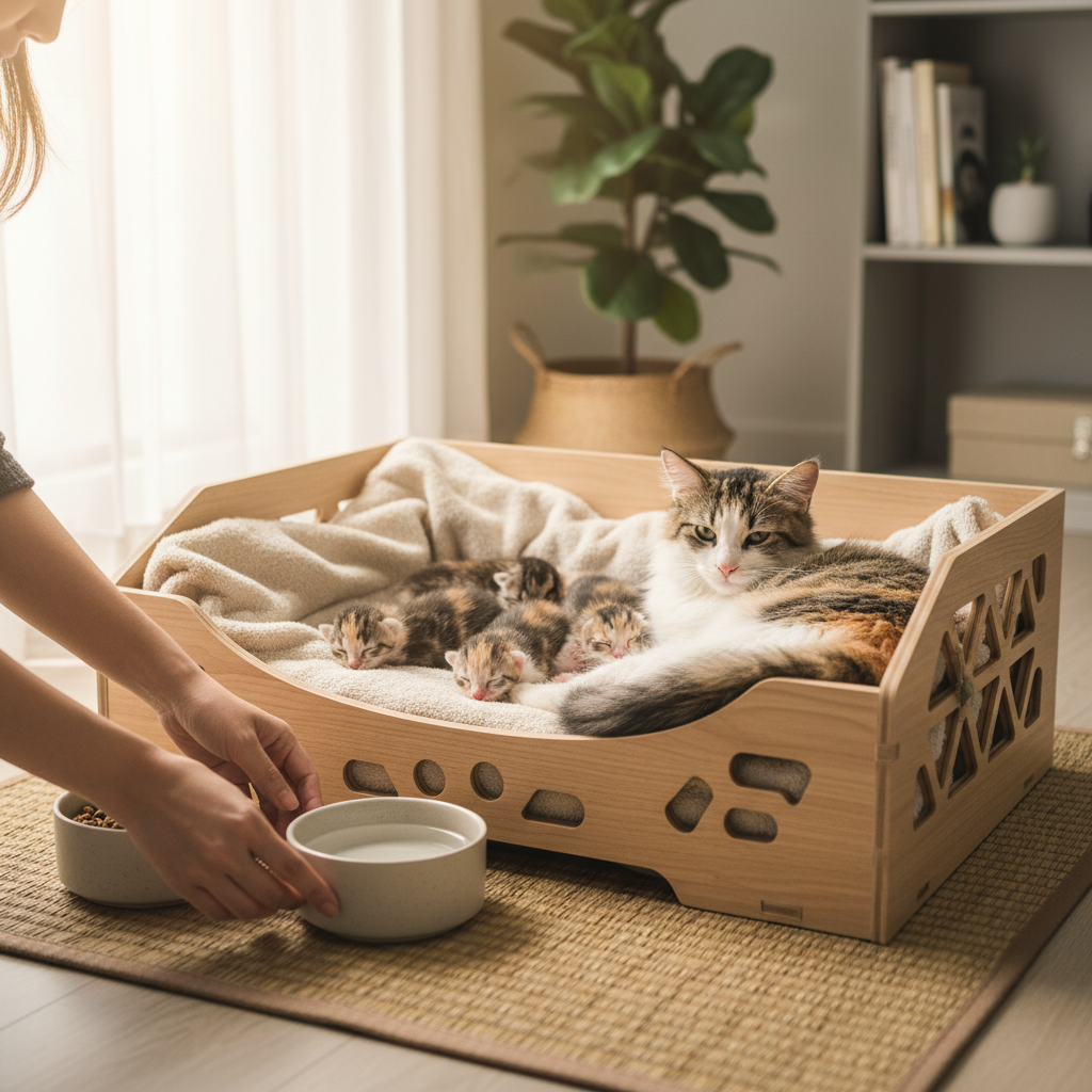 Clean and cozy nesting box for mother cat and kittens