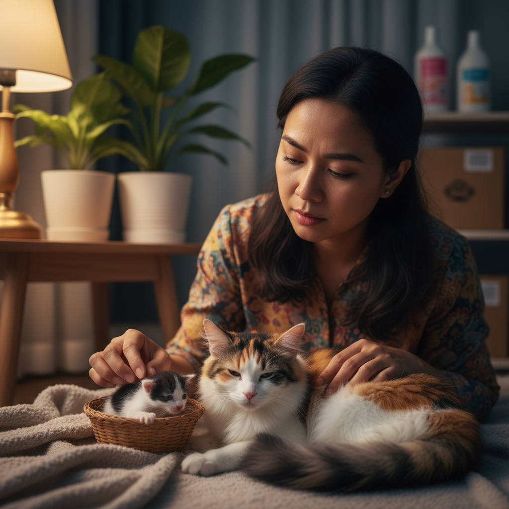 Malaysian cat owner checking surviving kittens after a difficult birth