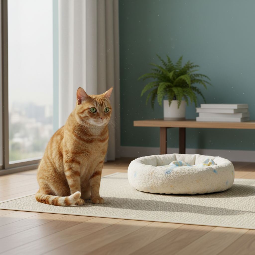 Neutered male cat peacefully observing kittens from a distance