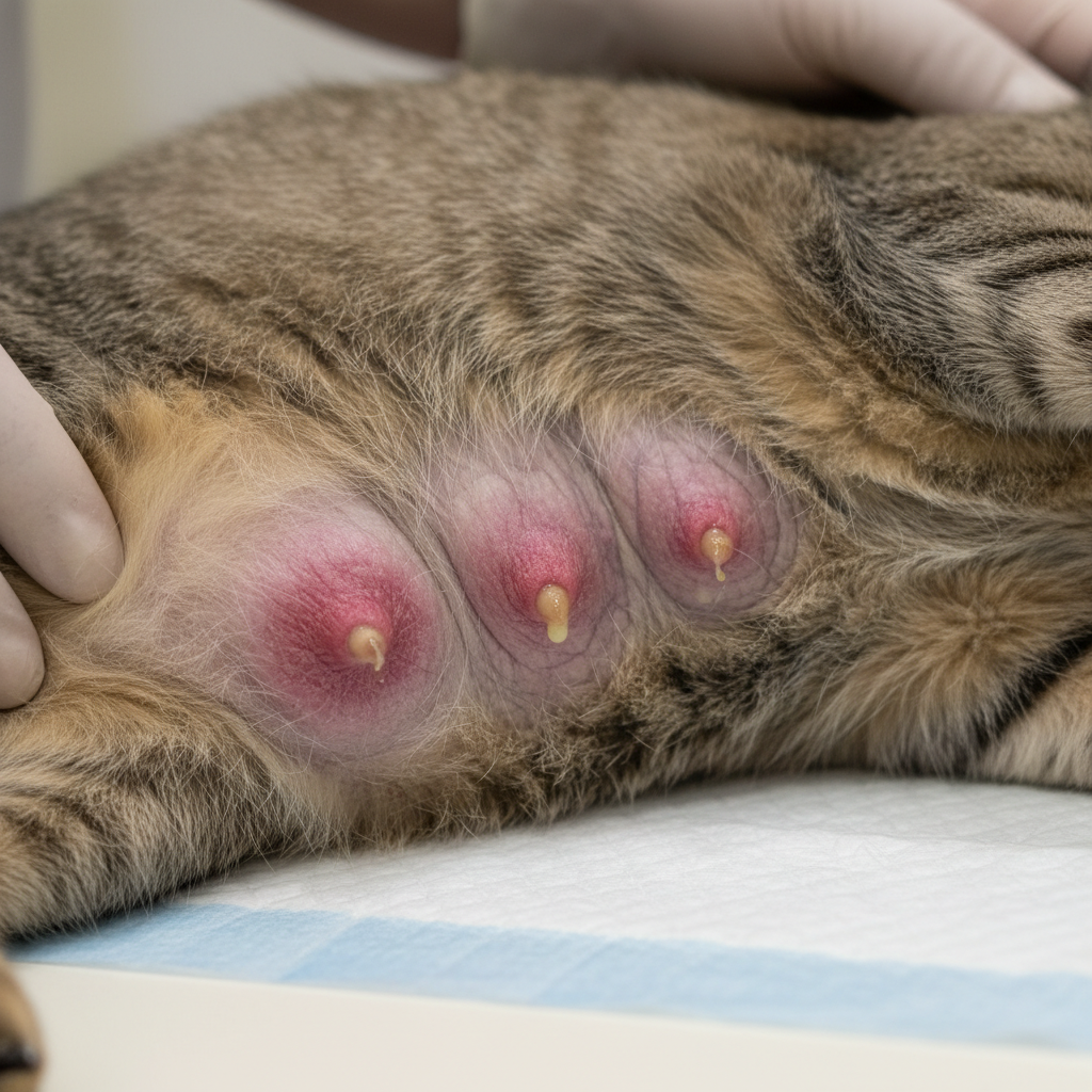 Inflamed mammary glands of a mother cat, indicating mastitis