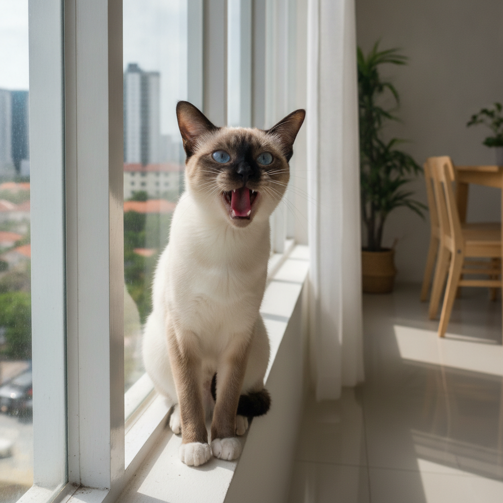 Seekor kucing Siam seal-point dengan mata biru mengeow di tepi tingkap sebuah apartmen Malaysia