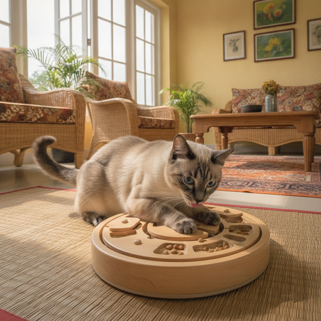 Seekor kucing Siam bermain dengan serius menggunakan mainan pengisi makanan teka-teki di lantai ruang tamu Malaysia