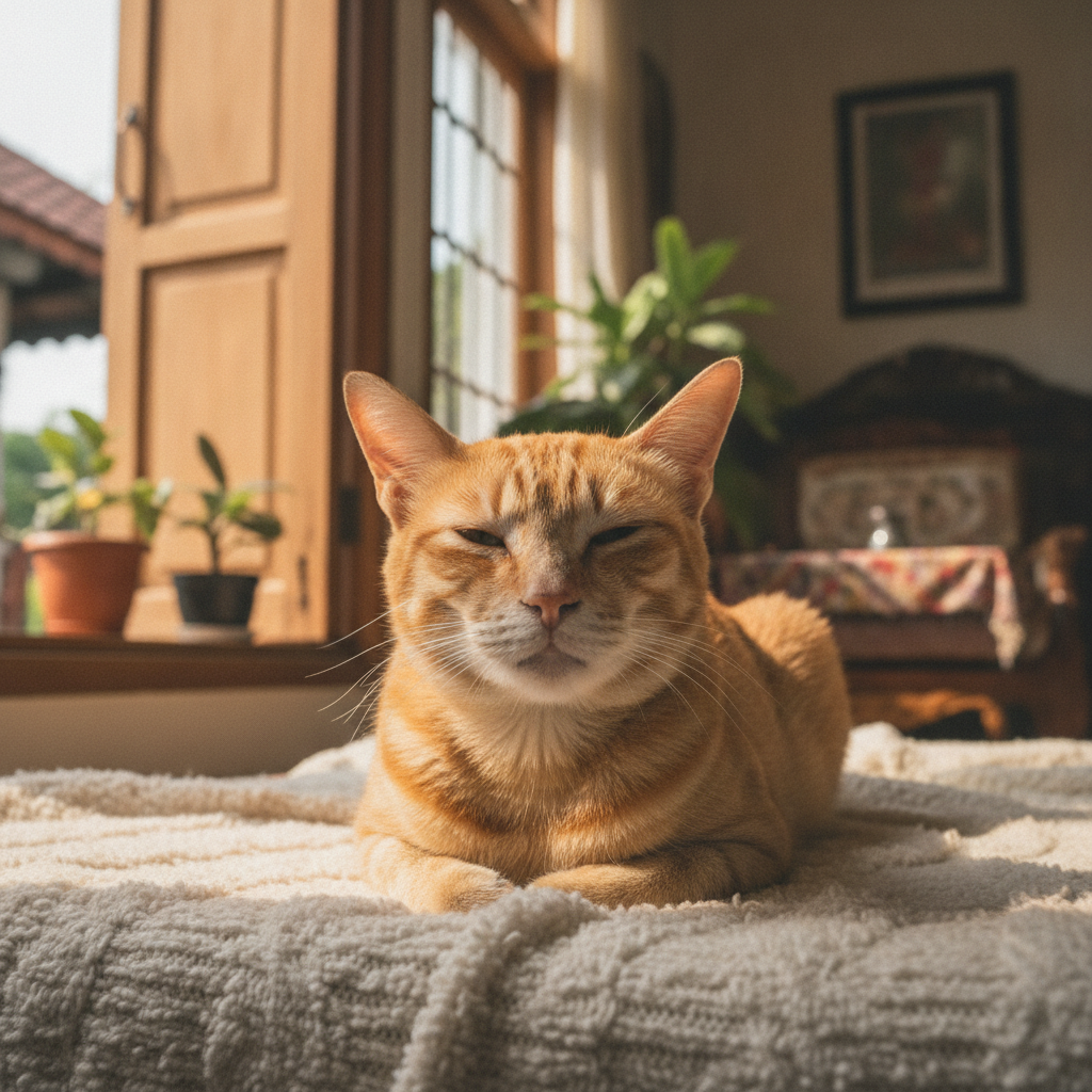 Seekor kucing tua yang anggun dengan bulu muka sedikit memutih, berehat dengan tenang di atas selimut lembut