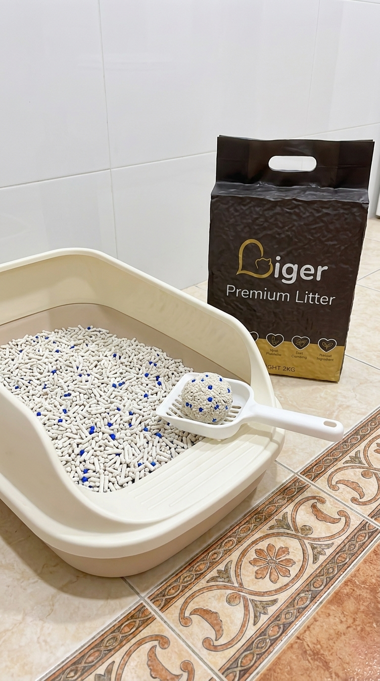 Beg Liger Premium Tofu Cat Litter di sebelah kotak pasir berlubang masuk rendah untuk kucing warga emas