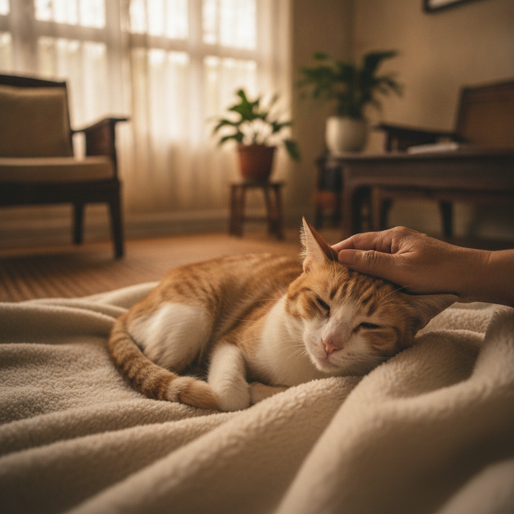 Pemilik dengan lembut membelai seekor kucing warga emas yang sedang berehat