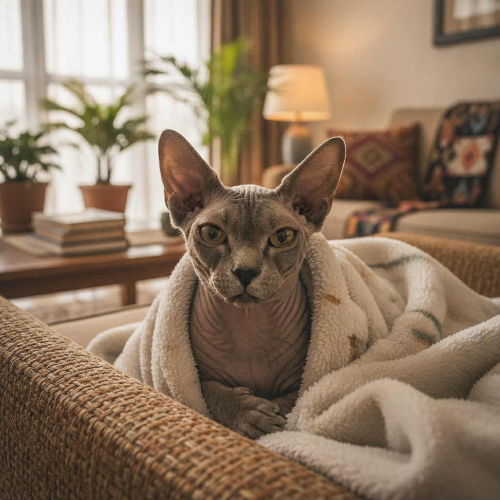 A hairless Sphynx cat wrapped in a fleece blanket indoors in a Malaysian home
