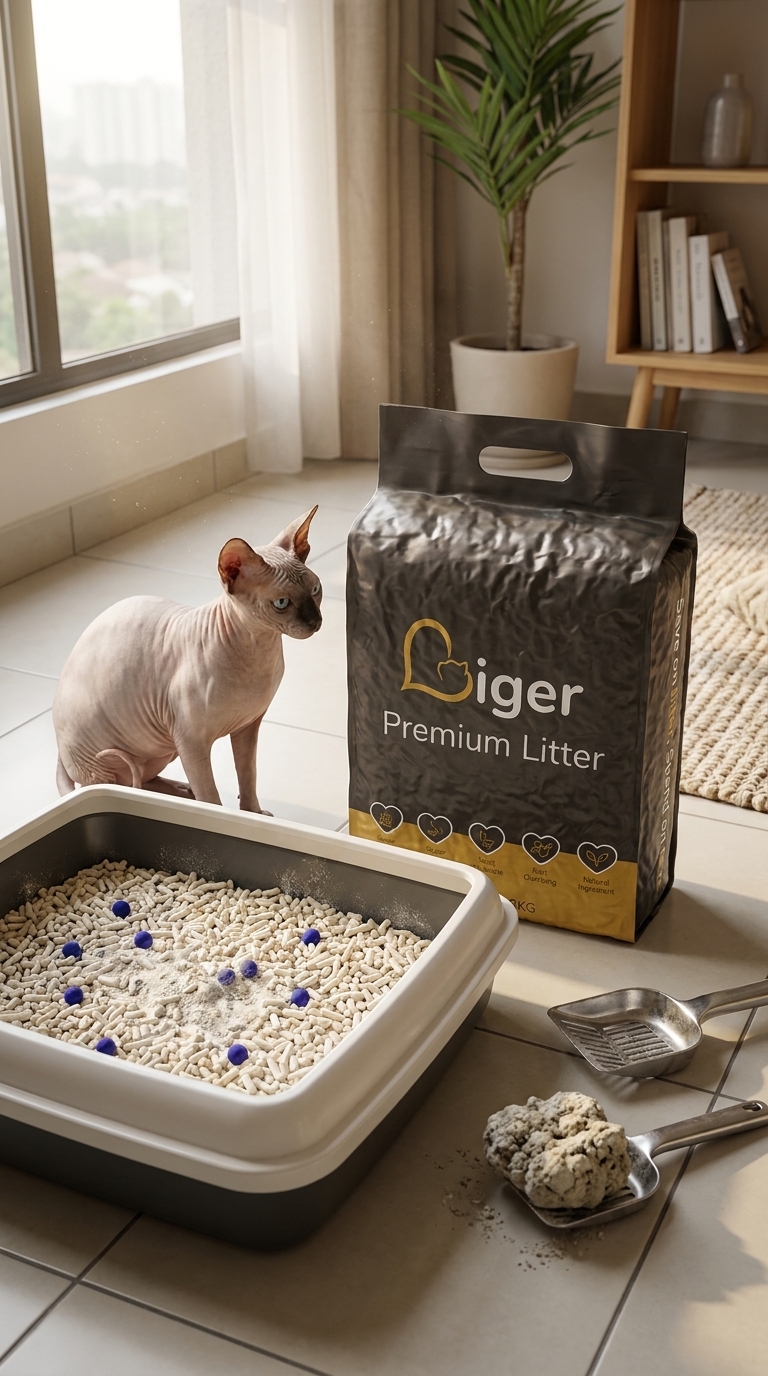 Liger low-dust tofu cat litter beside a litter box, suited to a Sphynx's bare skin