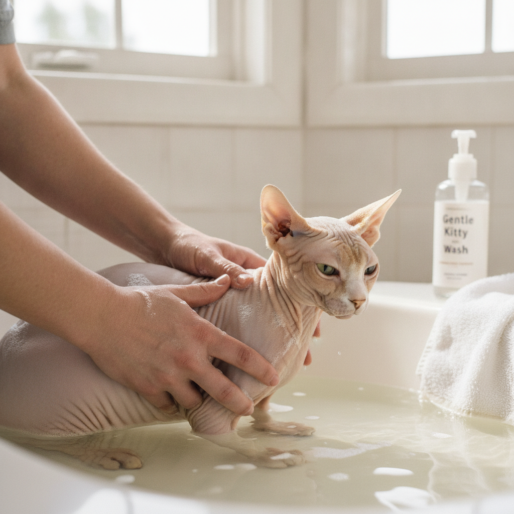 Bathing a hairless Sphynx cat to manage skin oils in a humid climate