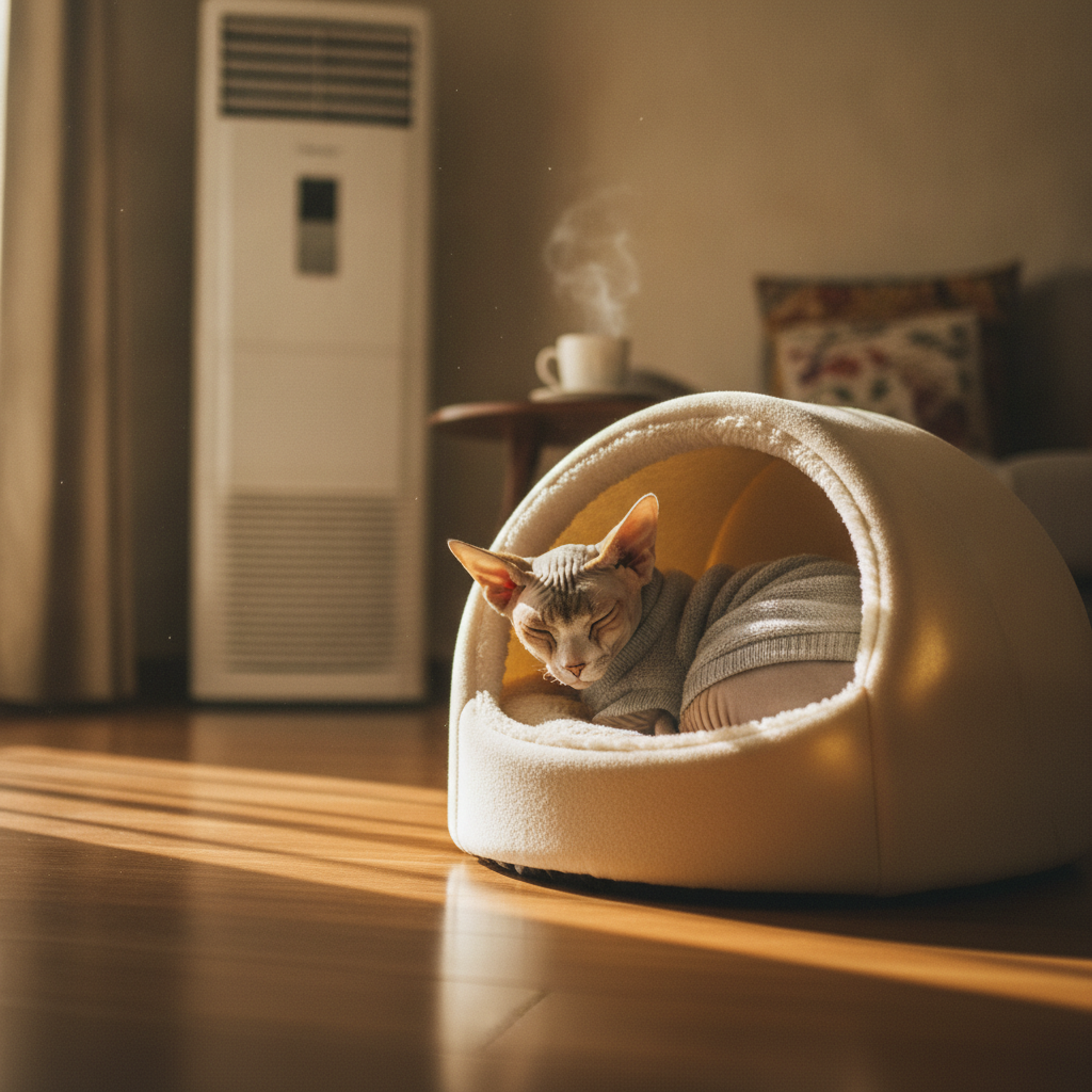 A Sphynx cat in a sweater staying warm in an air-conditioned Malaysian home