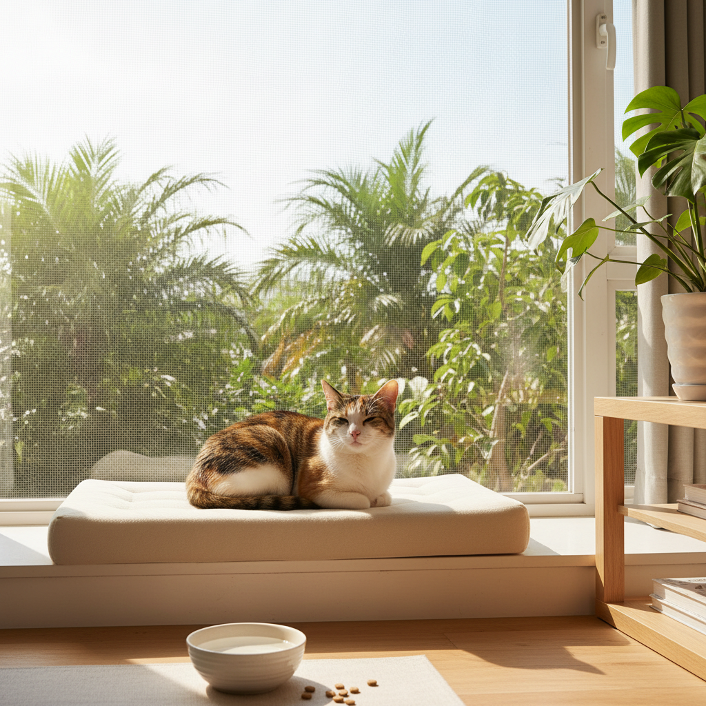 A healthy indoor cat resting safely by a sunny apartment window
