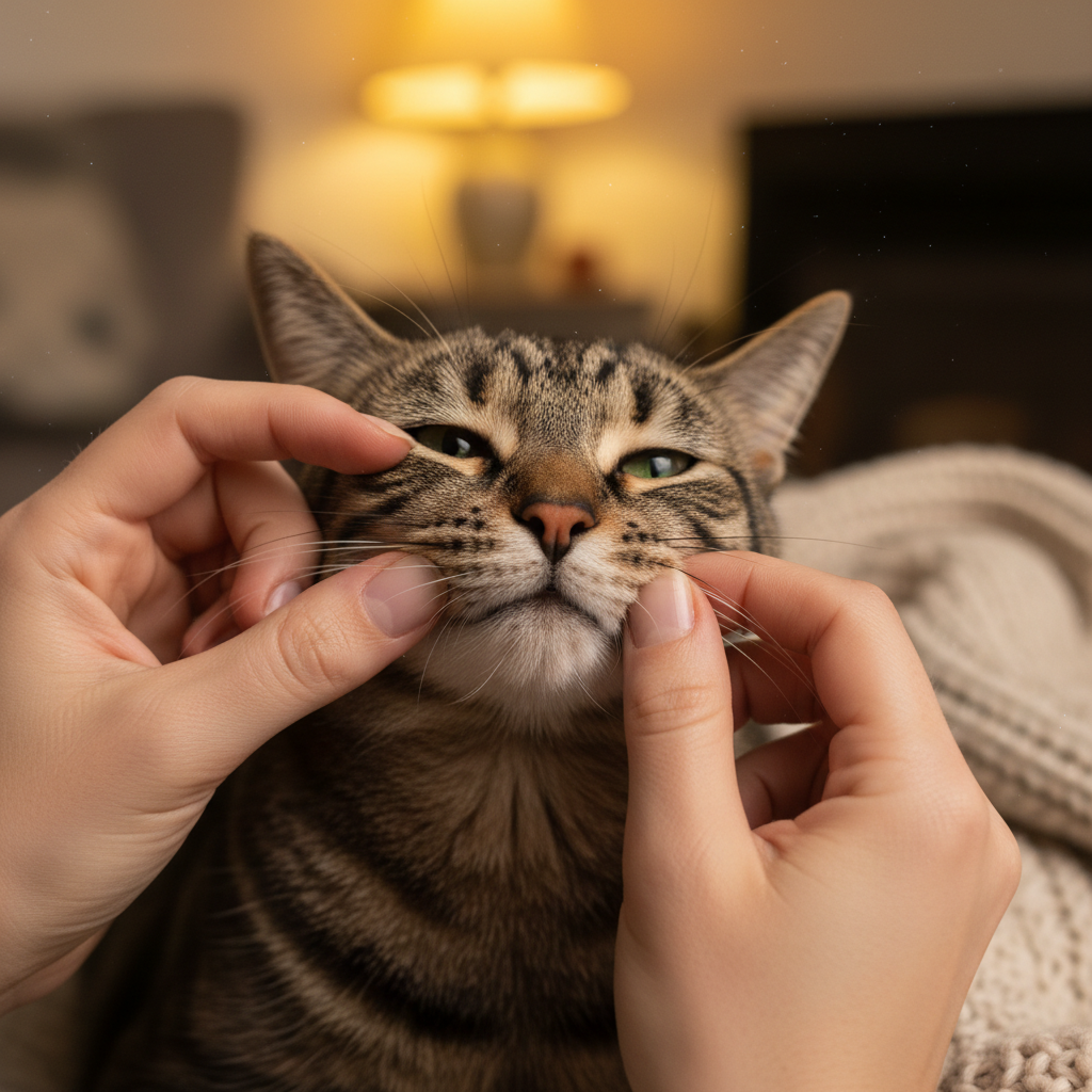 A cat owner gently inspecting the skin on their cat's face near the nose