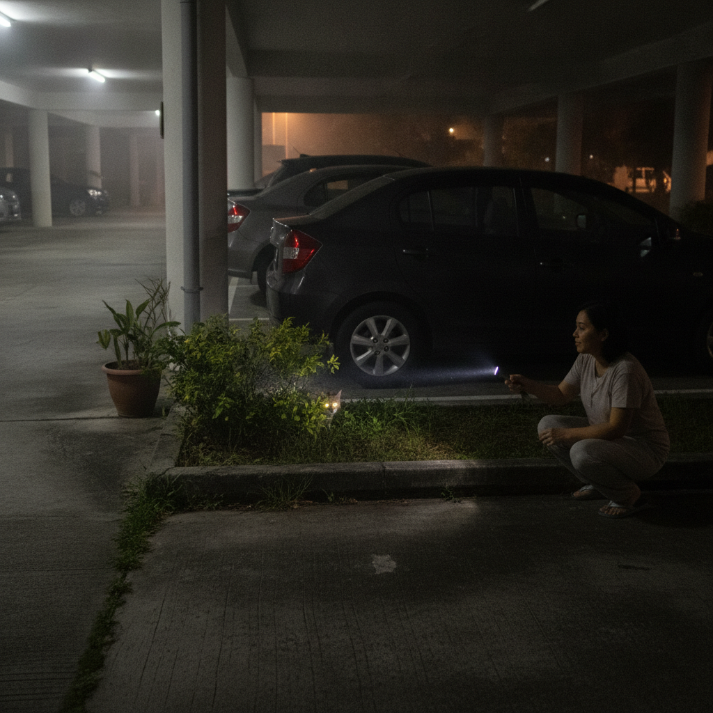 Seorang pemilik mencari dengan suluh untuk kucing yang bersembunyi di tempat letak kereta kondominium pada waktu malam