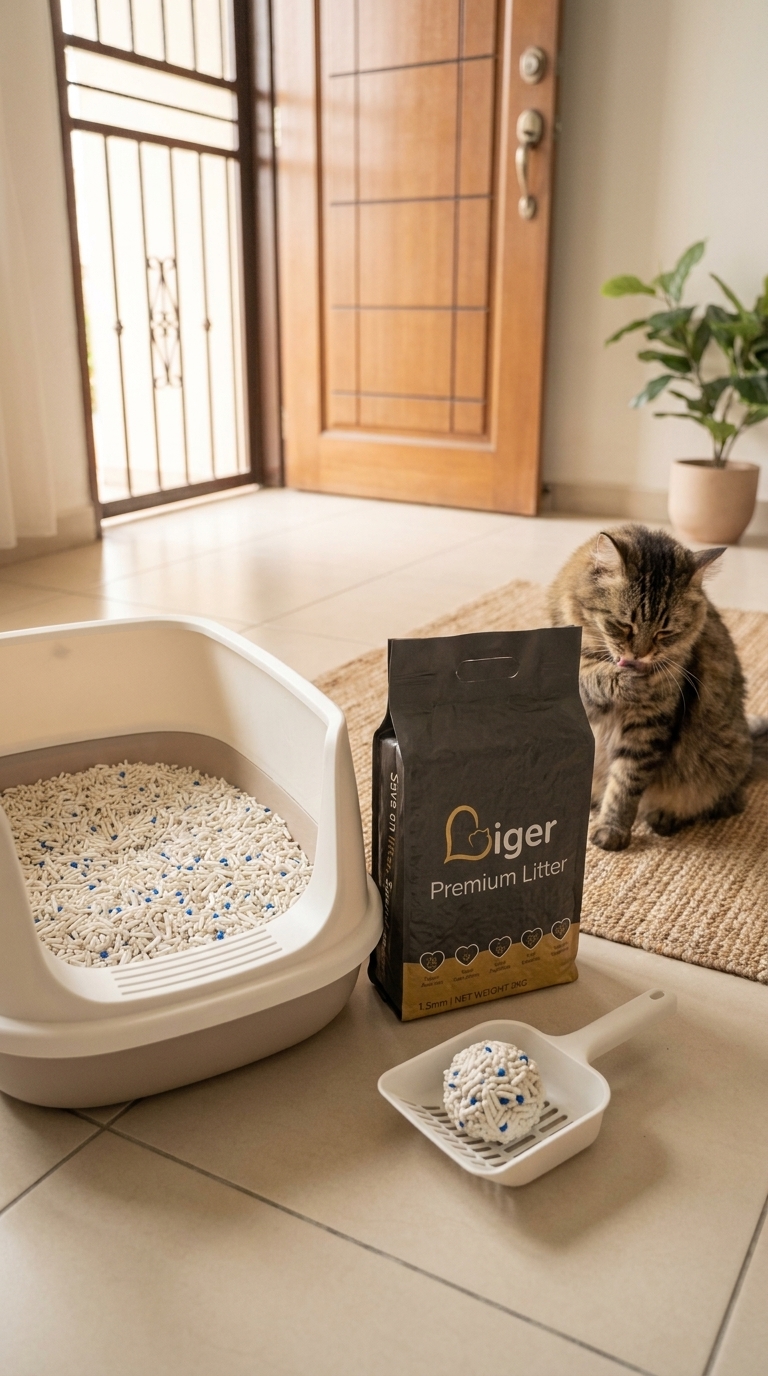 Persediaan kotak pasir yang kemas di dalam rumah dengan pek Liger Premium Litter di kondominium Malaysia
