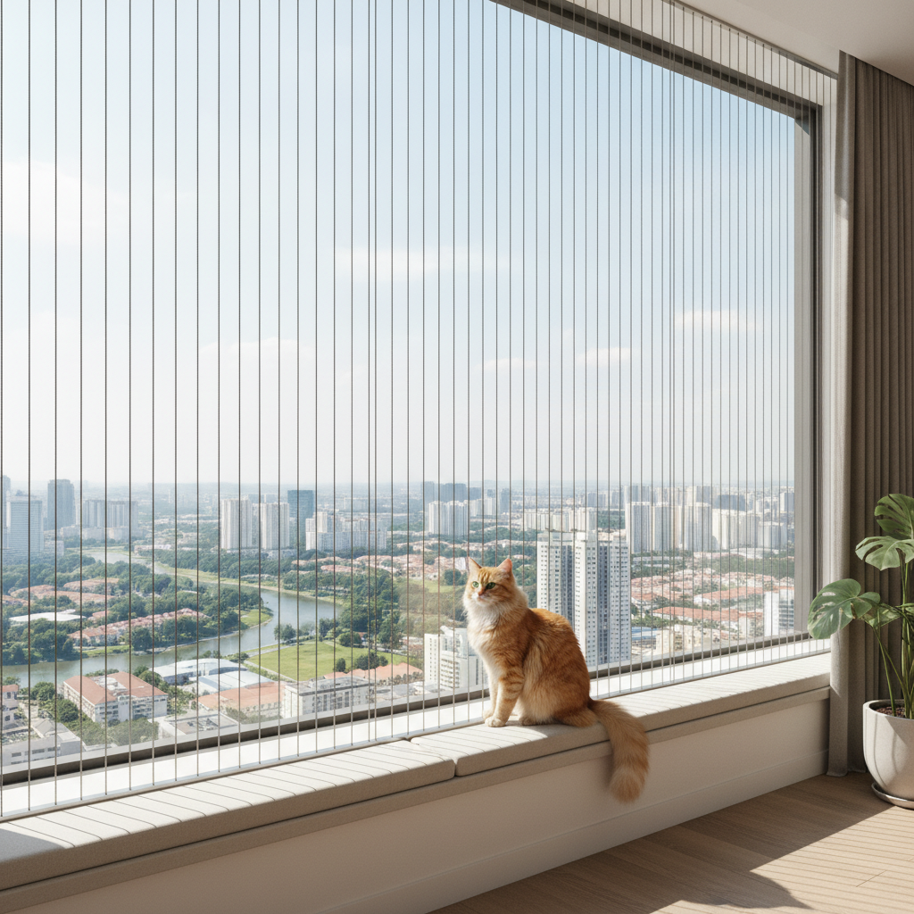 Seekor kucing di belakang grille invisible moden daripada kabel keluli ditegang pada tingkap kondominium