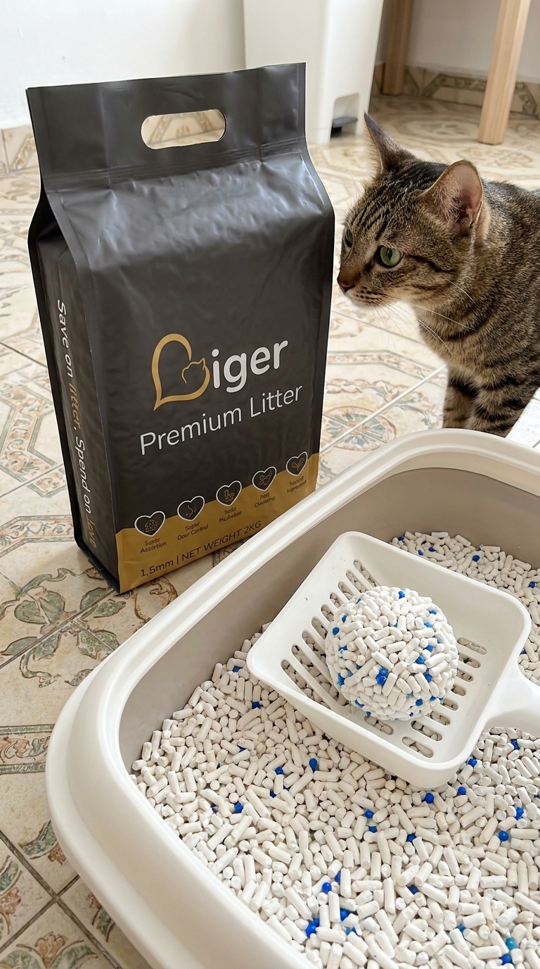 Peket Liger Premium Tofu Cat Litter di sebelah kotak pasir bersih dengan seekor kucing tabby coklat berdekatan