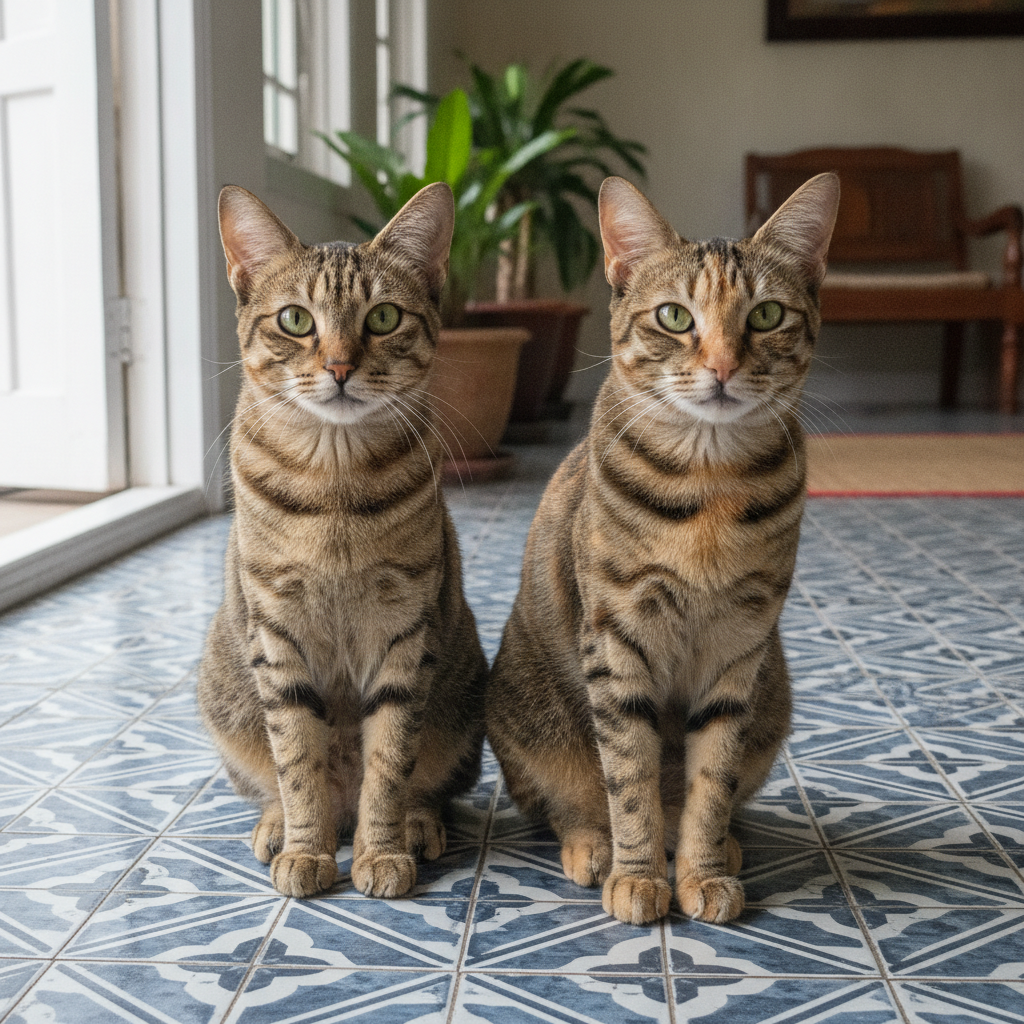 Dua ekor kucing tabby menunjukkan jalur mackerel dan corak pusaran classic