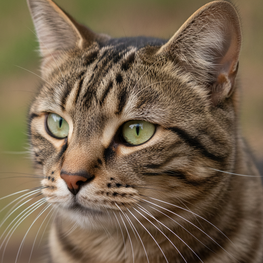 Gambar close-up dahi kucing tabby yang menunjukkan tanda M dengan jelas