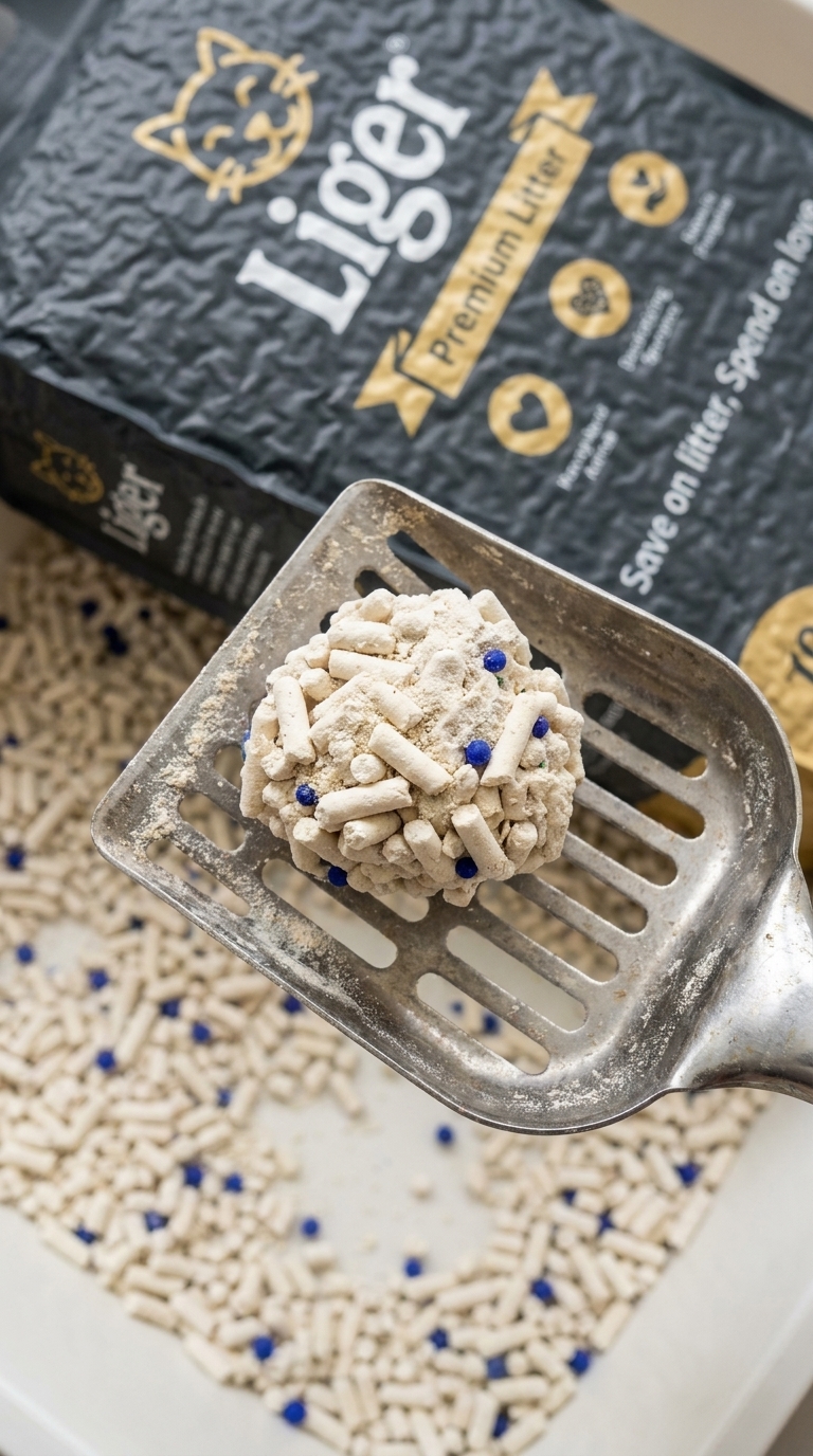 Close-up of a solid Liger tofu cat litter clump on a scoop — efficient scooping extends bag life