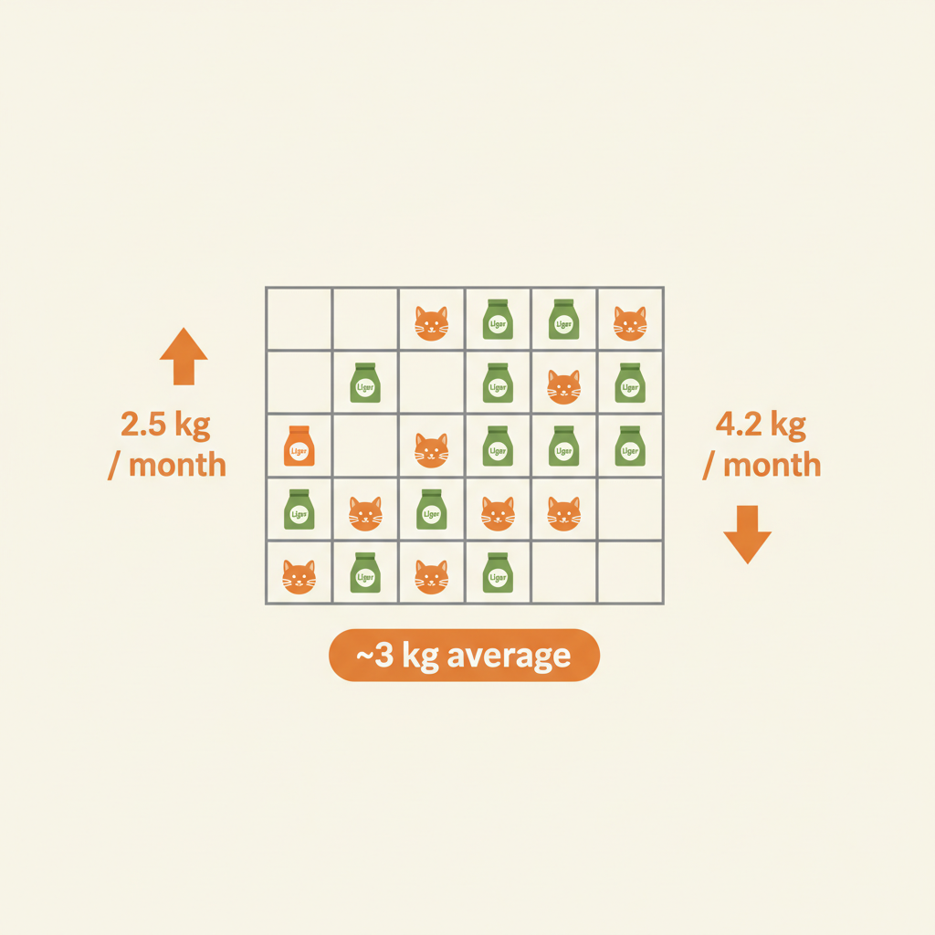 Infographic showing typical tofu cat litter monthly consumption range 2.5-4.2kg per adult cat