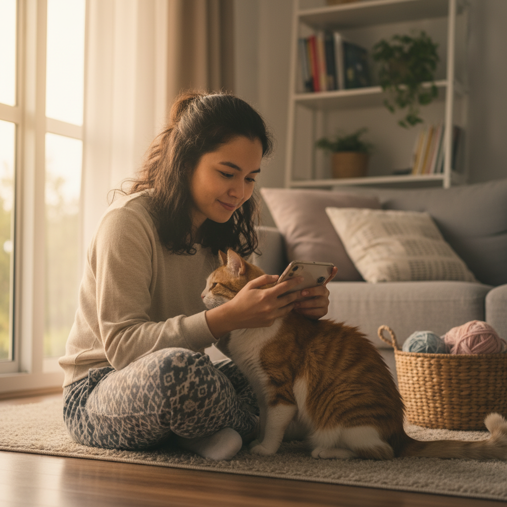 Cat owner researching tofu litter costs on phone with their cat nearby