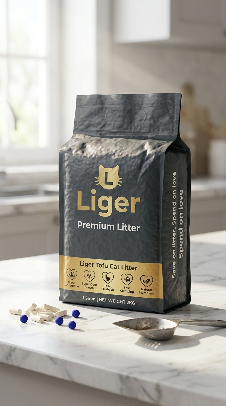 Liger tofu cat litter 2kg bag — RM21.90 starter pack on Malaysian kitchen counter