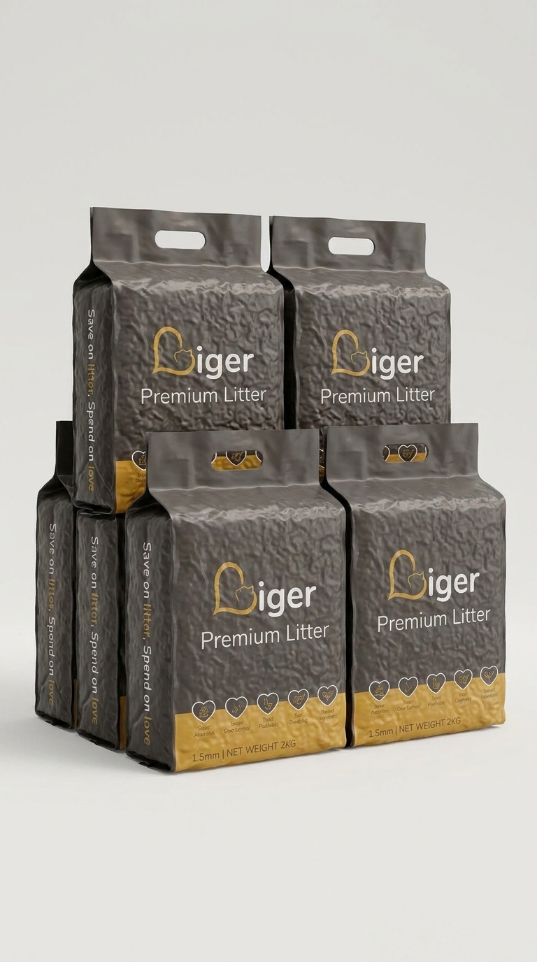 Stacked Liger tofu cat litter bags — bulk 5-pack and 10-pack value visualization