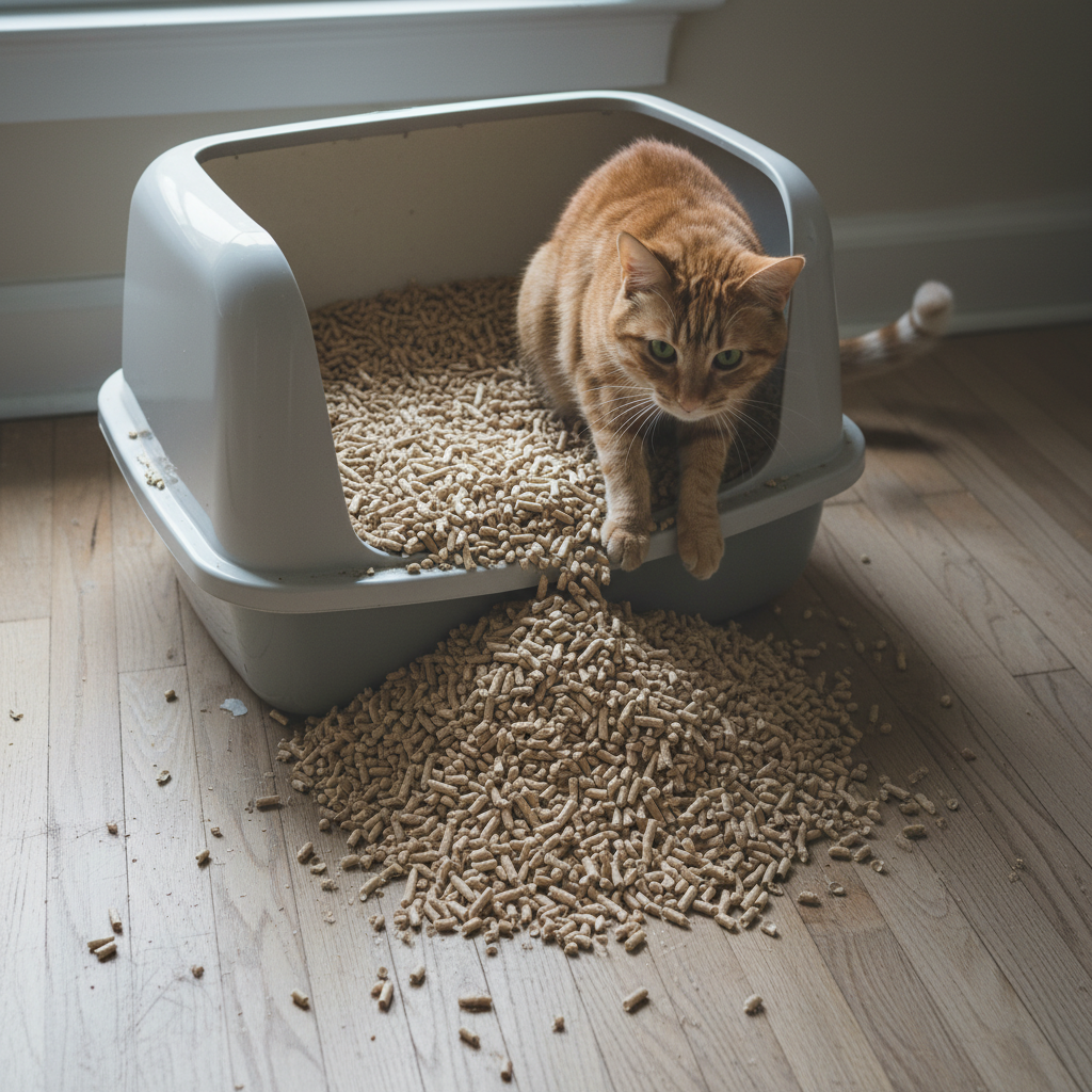 Overfilled litter box with spillage — common waste pattern that inflates monthly cat litter cost