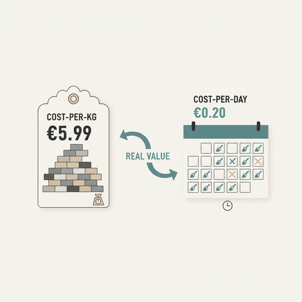 Diagram contrasting cost-per-kg vs cost-per-day methodology for cat litter buying decisions
