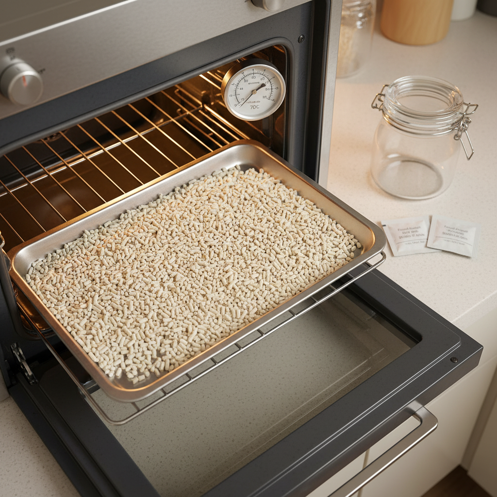 Tofu cat litter spread on baking tray for low-temperature oven drying rescue with silica packets and airtight container ready