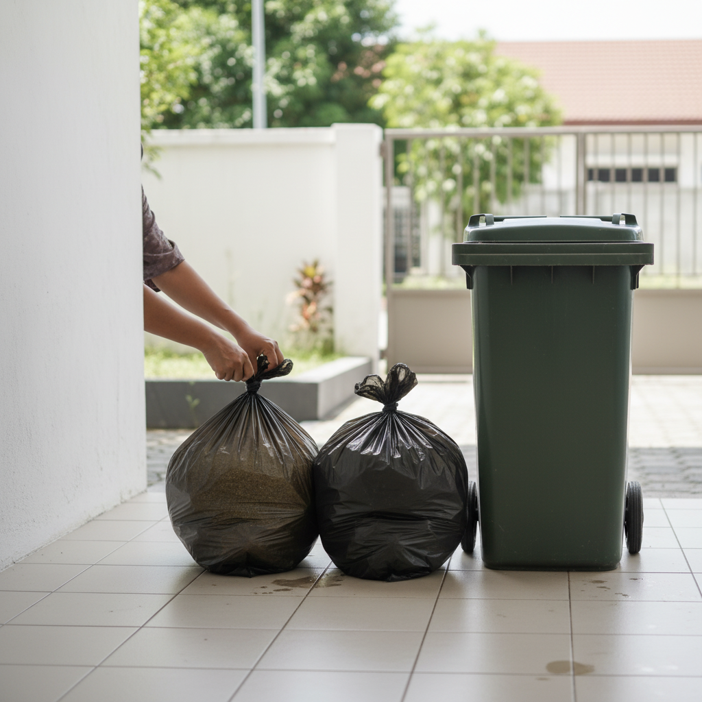 Halal compliant double-bagging method for spoiled tofu cat litter disposal in Malaysian household