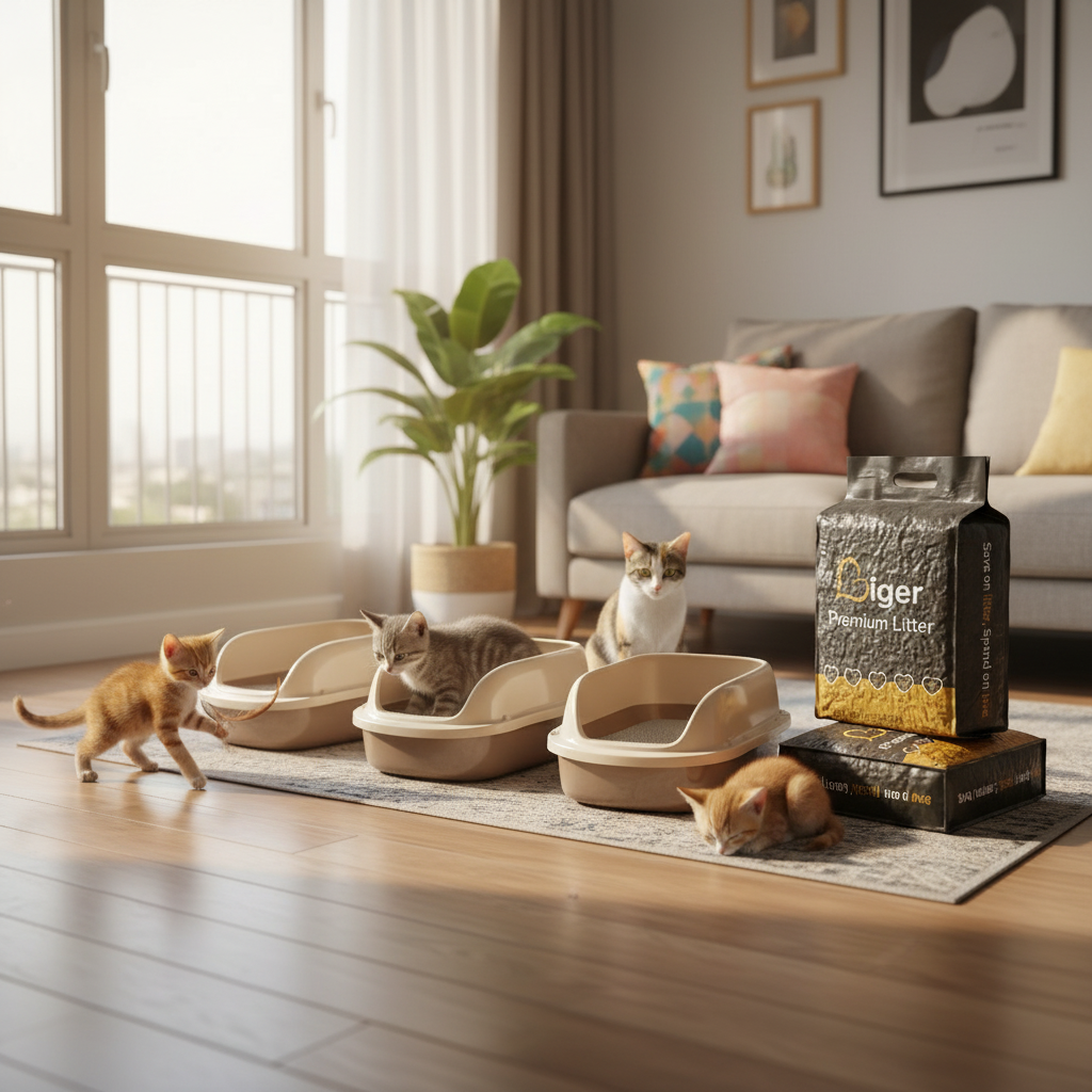 Four cats in a Malaysian condo home with three clean litter trays and Liger tofu litter bag rotation system