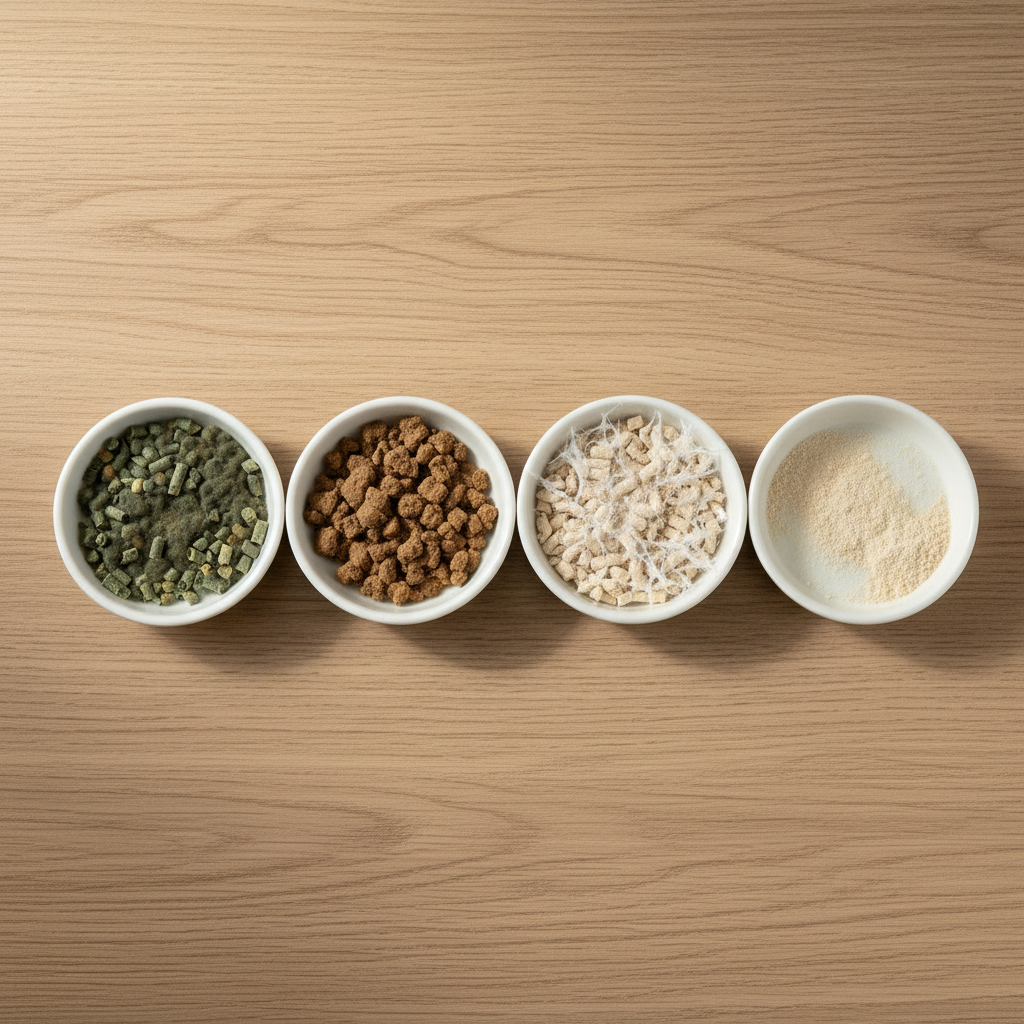 Five samples of spoiled tofu cat litter showing mold, soft pellets, crumbling, webbing and dust changes
