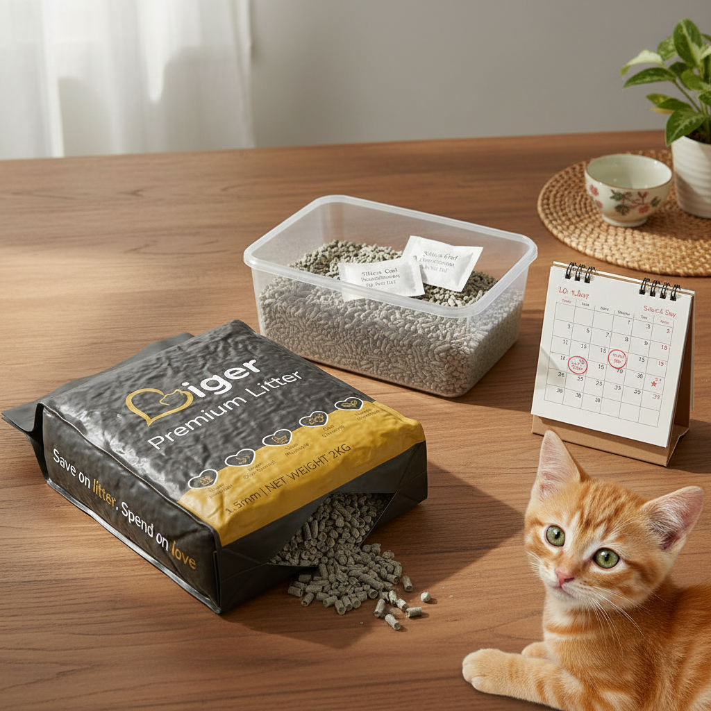 Flat lay of tofu cat litter bag airtight container silica packets weekly calendar and curious orange kitten in Malaysian home