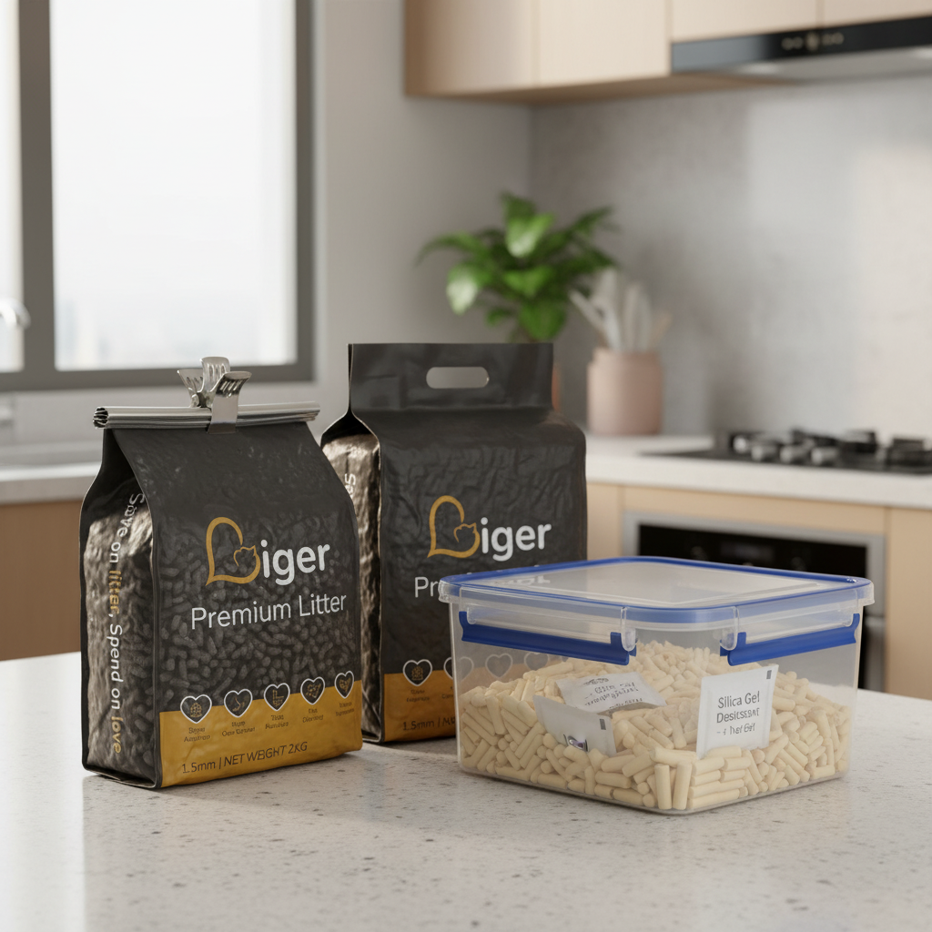 Side-by-side comparison of tofu cat litter stored in original bag versus airtight container with silica gel after 12 weeks