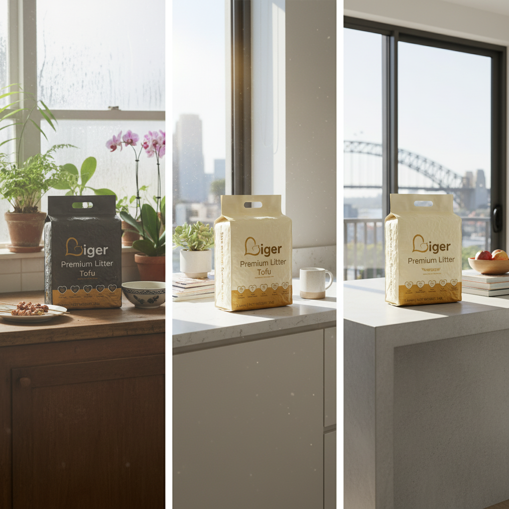 Three bags of tofu cat litter in three different climate settings showing why Malaysian humidity causes faster spoilage