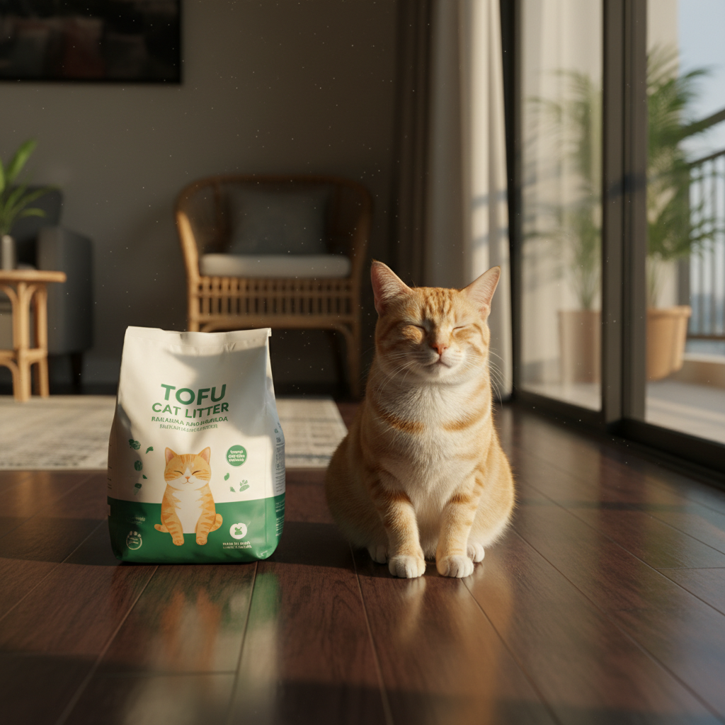 Calm cat resting next to a sealed bag of tofu litter in a tidy Malaysian apartment
