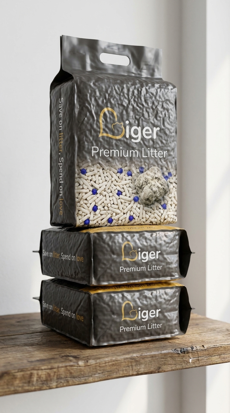 Three sealed Liger tofu litter bags stacked vertically with air gaps for proper ventilation during the first month