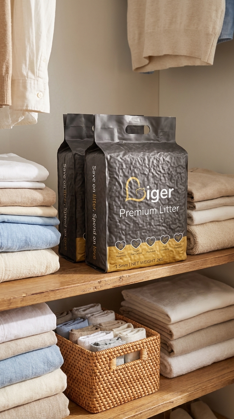 Sealed Liger tofu cat litter bags on the upper shelf of a Malaysian bedroom closet — ideal storage location