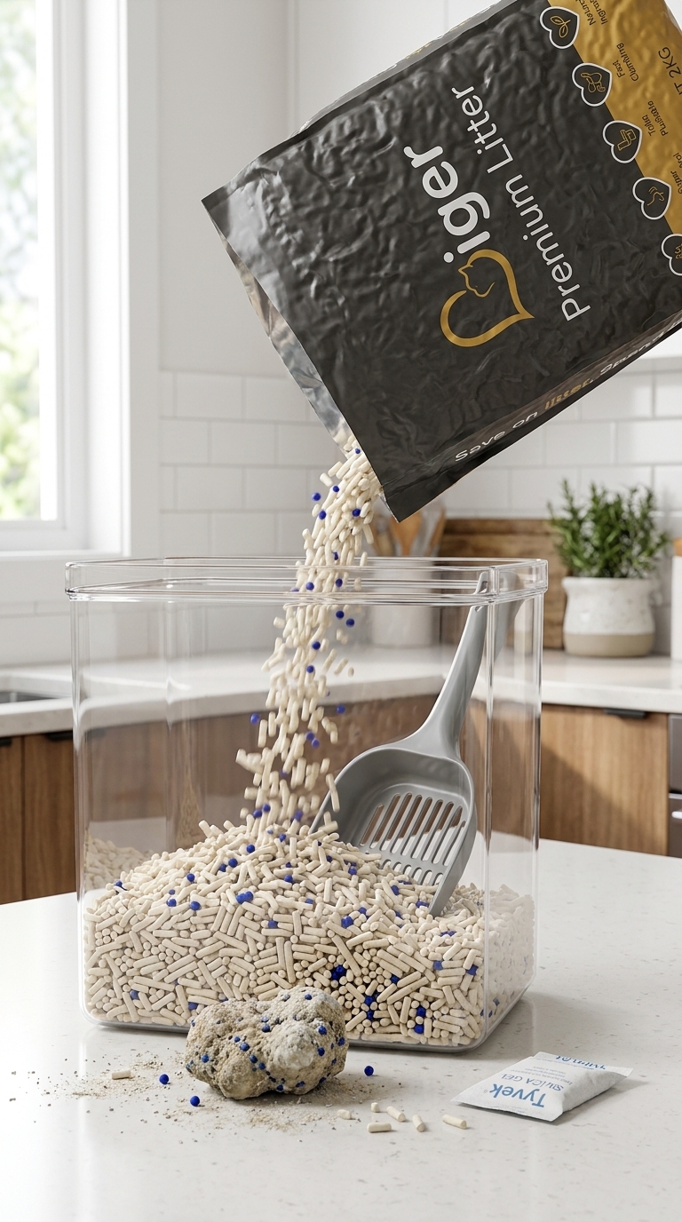 Opened Liger tofu cat litter being decanted into an airtight food storage container with a silica gel packet
