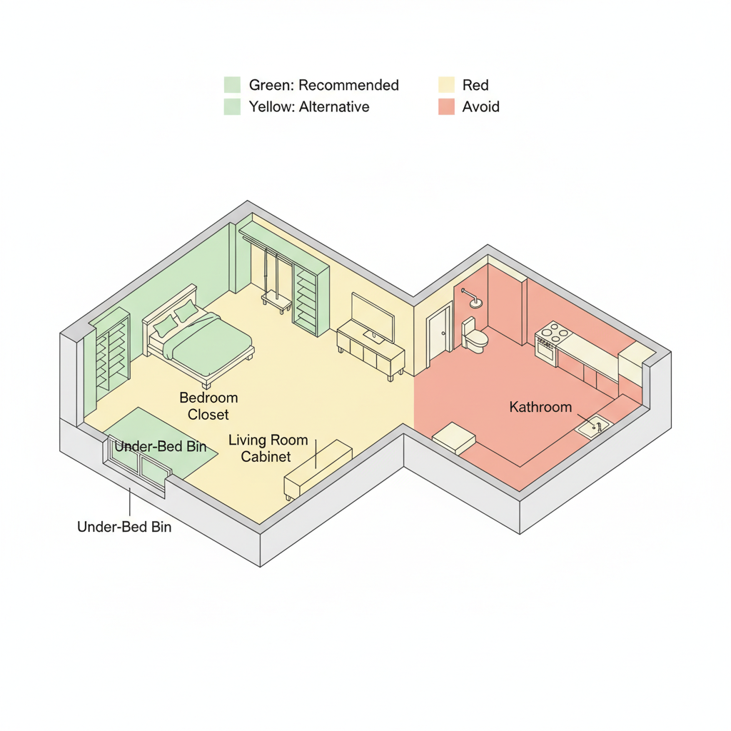 Apartment floor plan diagram showing safe and unsafe storage zones for bulk tofu cat litter in a Malaysian condo