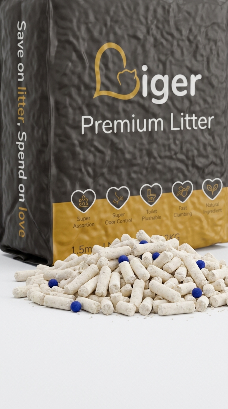 Macro close-up of fresh healthy Liger tofu cat litter pellets showing ideal colour and texture