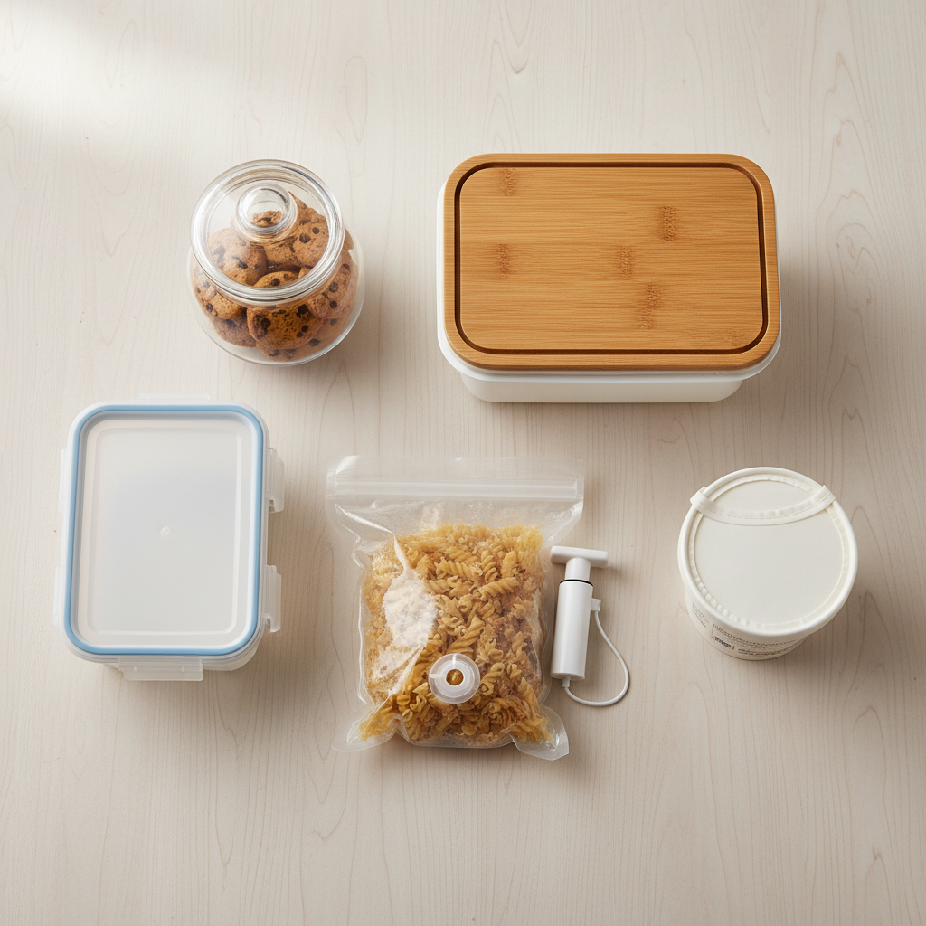Flat lay of airtight container options for storing tofu cat litter in a Malaysian condo