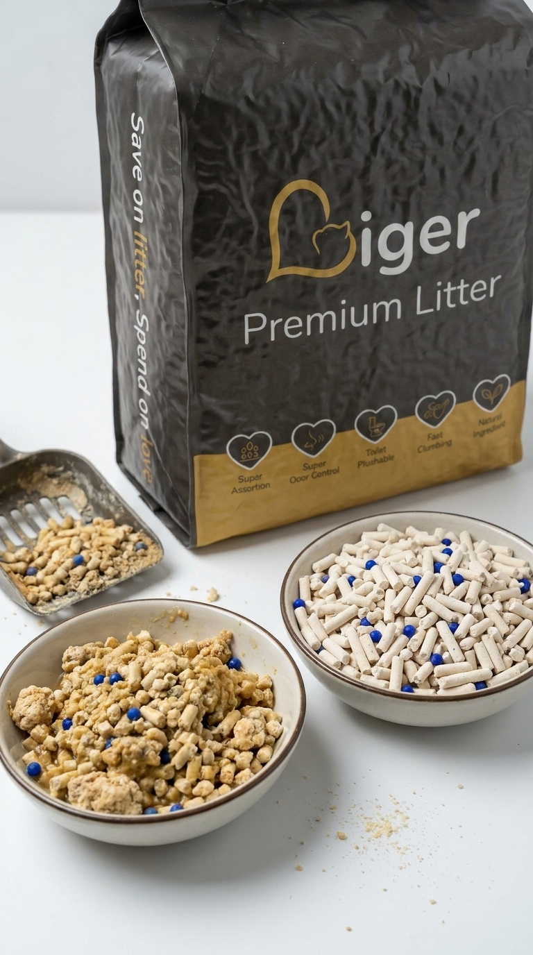 Side-by-side comparison of degraded and fresh tofu cat litter pellets for spoilage identification