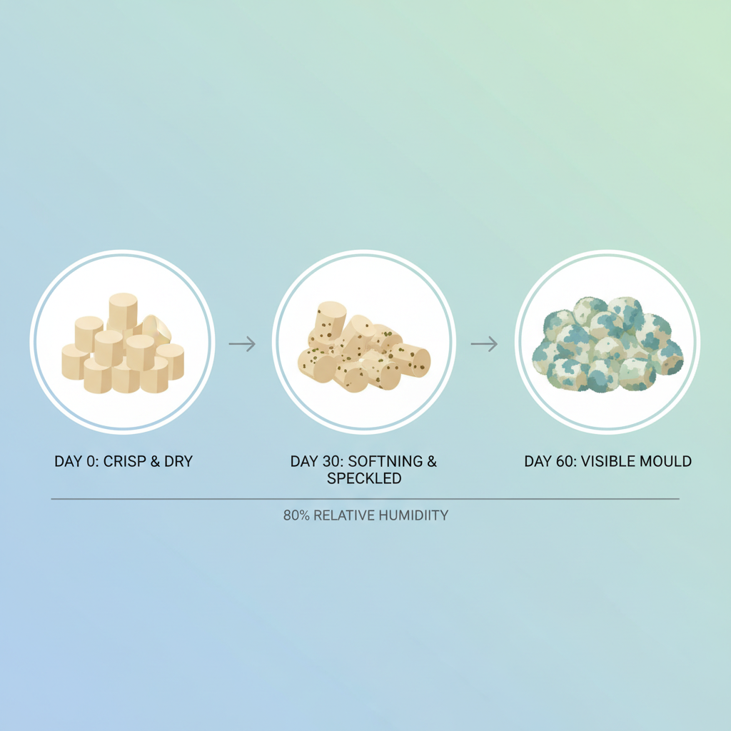 Concept diagram showing tofu cat litter degradation timeline under Malaysian humidity from Day 0 to Day 90