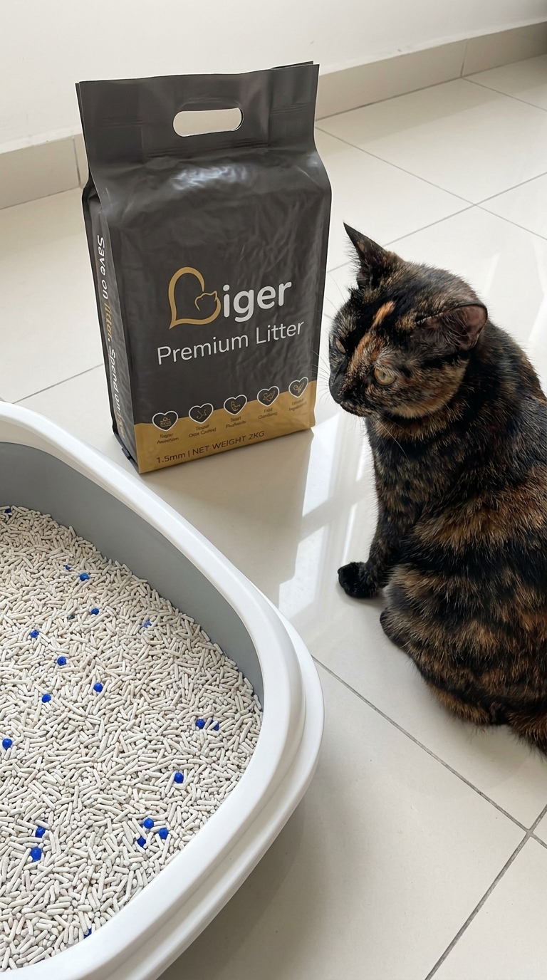 Liger tofu cat litter pouch beside a litter box with a tortoiseshell cat