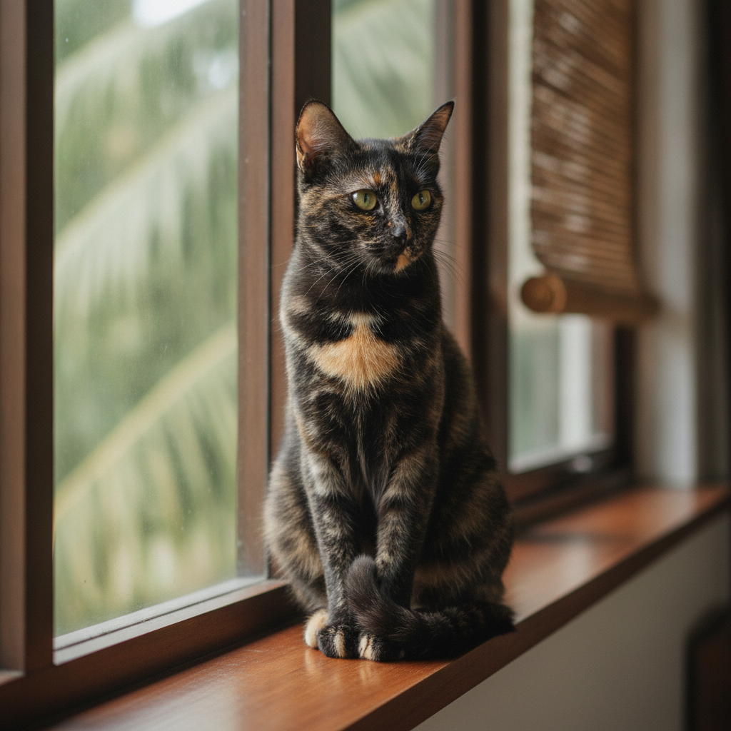 A tortoiseshell cat with a marbled black and orange coat by a window