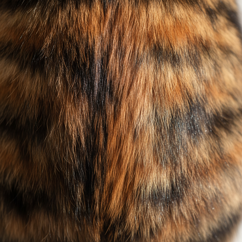 Close-up of a tortoiseshell cat's mottled black and orange coat