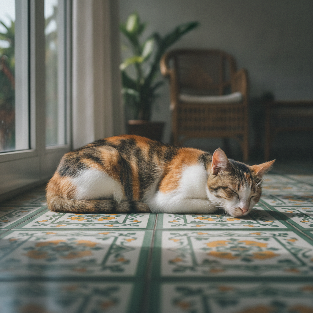 A calico cat with distinct orange, black and white patches