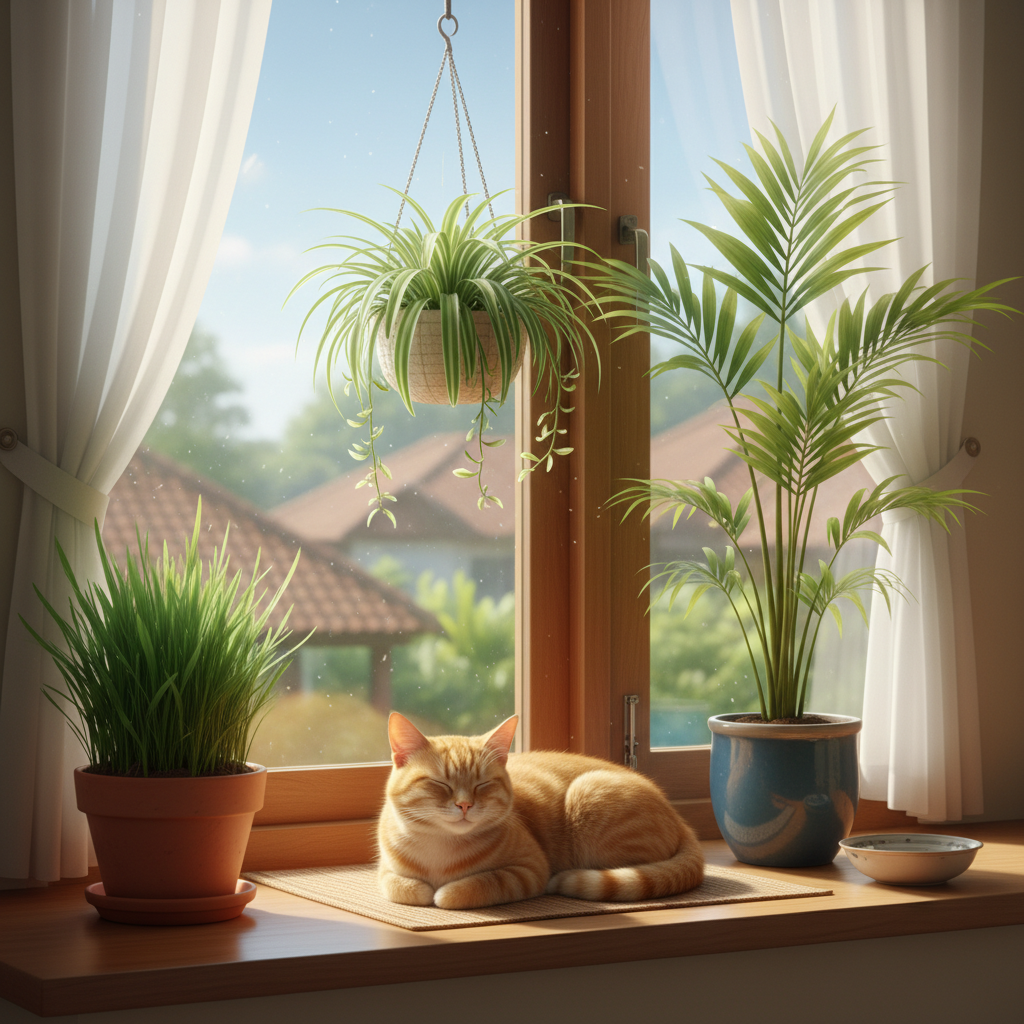 Cat-safe plants including cat grass, spider plant and areca palm on a sunny windowsill