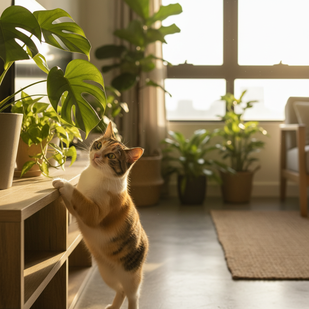 A curious cat reaching toward a leafy houseplant in a Malaysian home